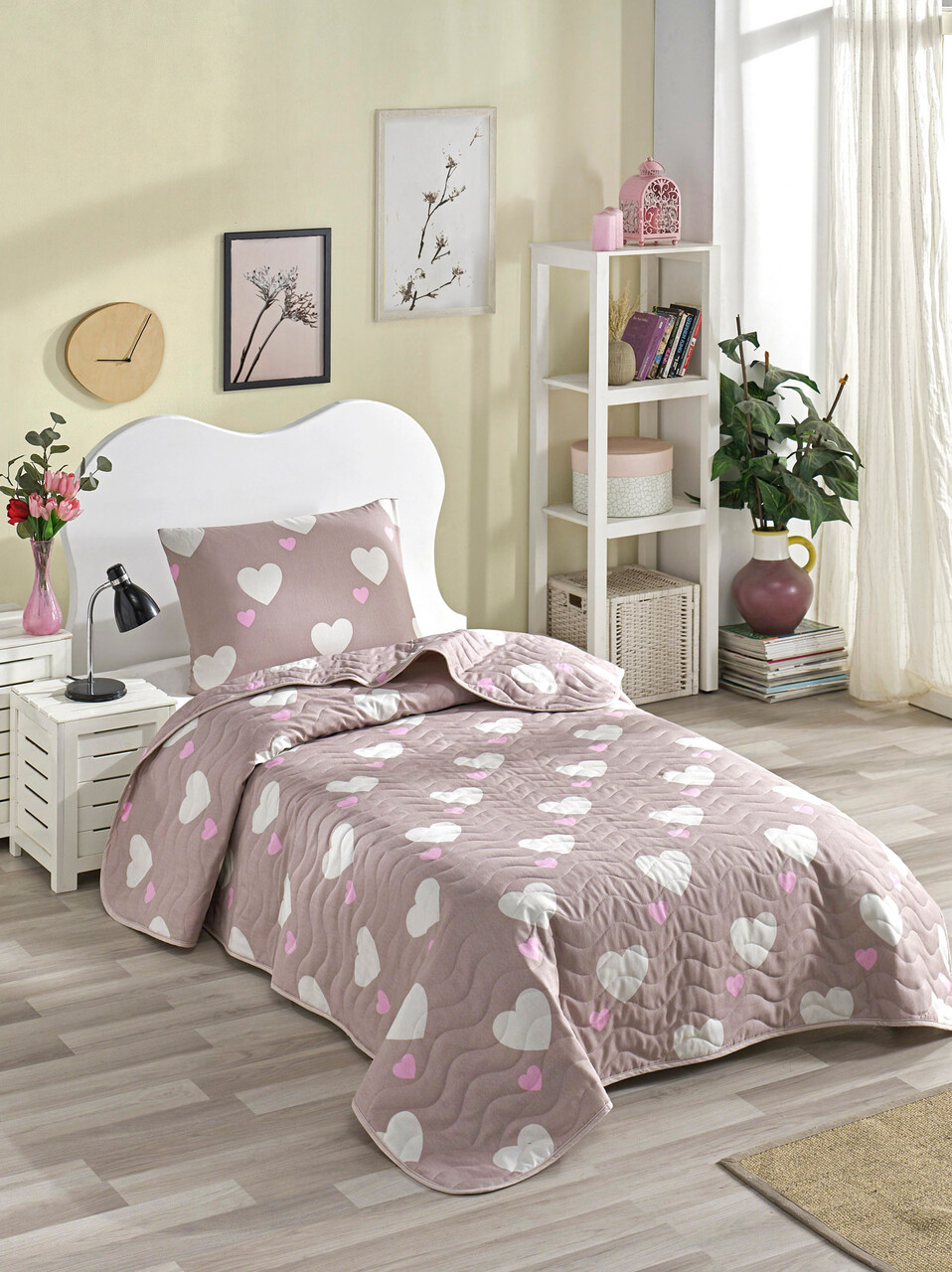 Set cuvertura Single 160x220 cm, 2 piese, L'essentiel Maison, Herz, Trandafir praf / Alb - imagine 3
